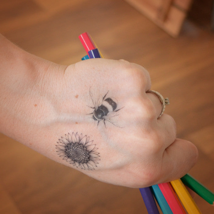 Mini bee and sunflower temporary tattoos