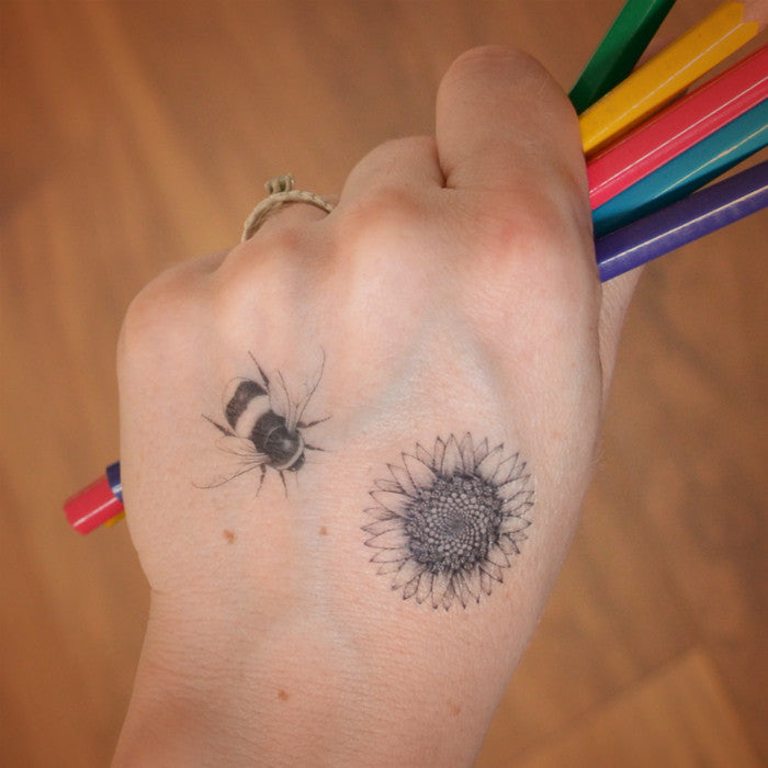 Mini bee and sunflower temporary tattoos