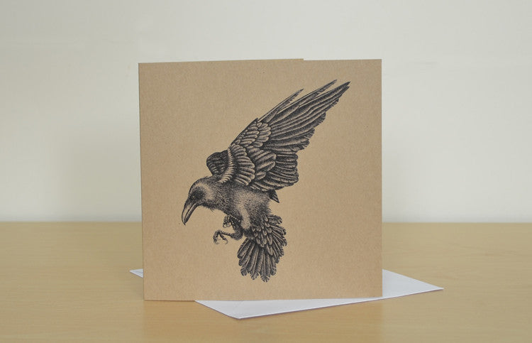 Raven greetings card. Recycled brown, blank inside.