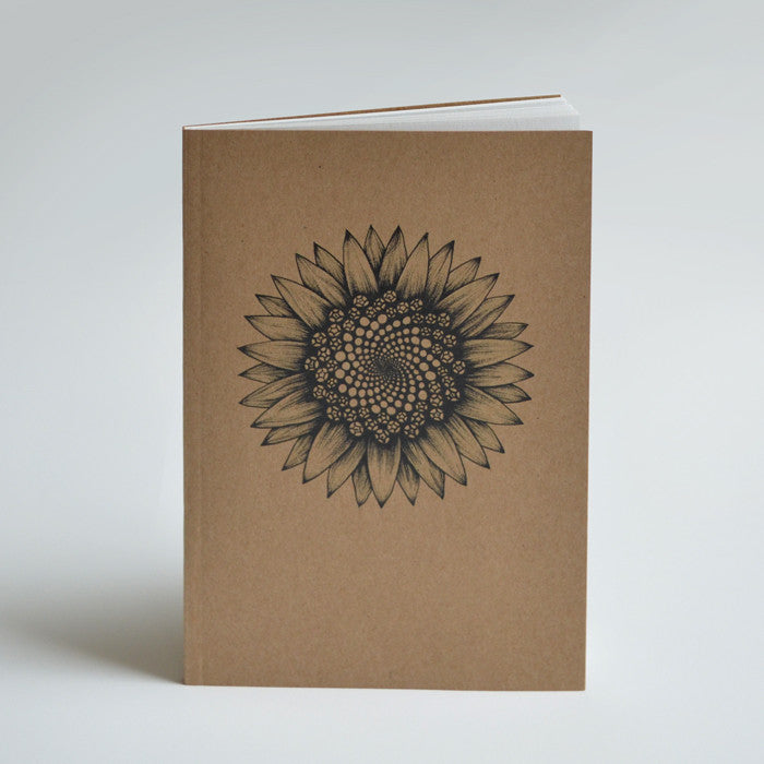 Recycled A6 notebook with Sunflower spiral art.