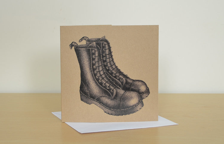 Black boots recycled greetings card. Blank inside.