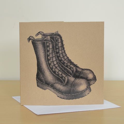 Black boots recycled greetings card. Blank inside.