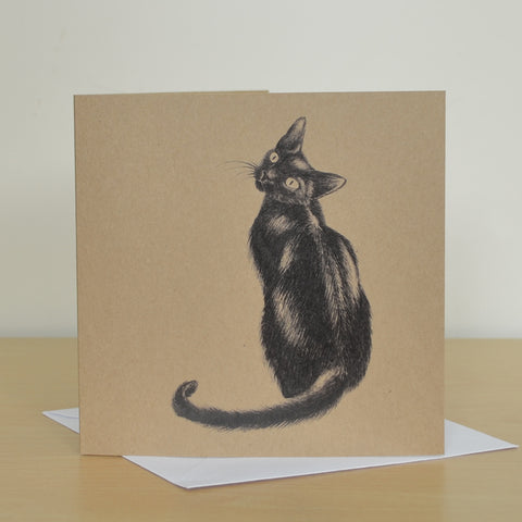 Black cat greetings card. Recycled, blank inside.