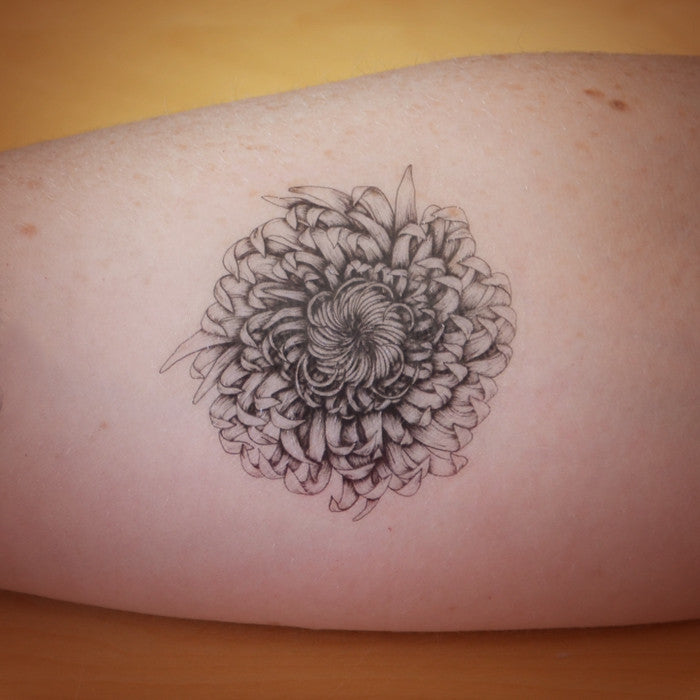 White chrysanthemum tattoo on the right inner forearm.
