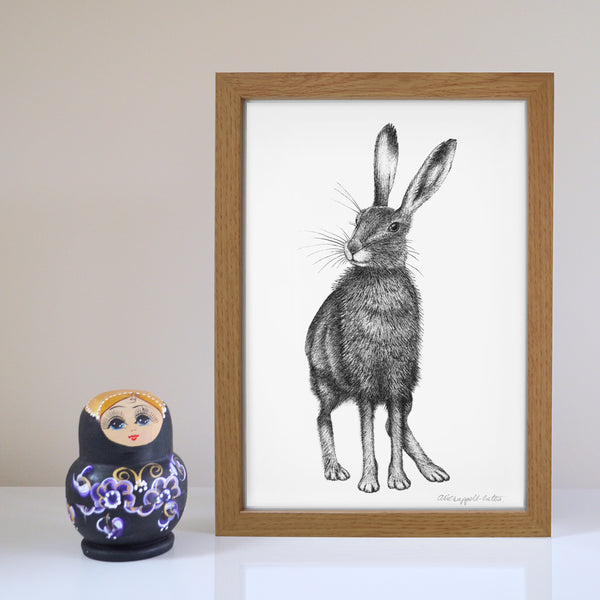 Hare art print in frame.