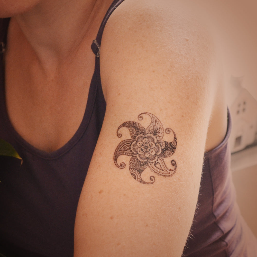 Mandala temporary tattoo. Henna mehndi inspired art.