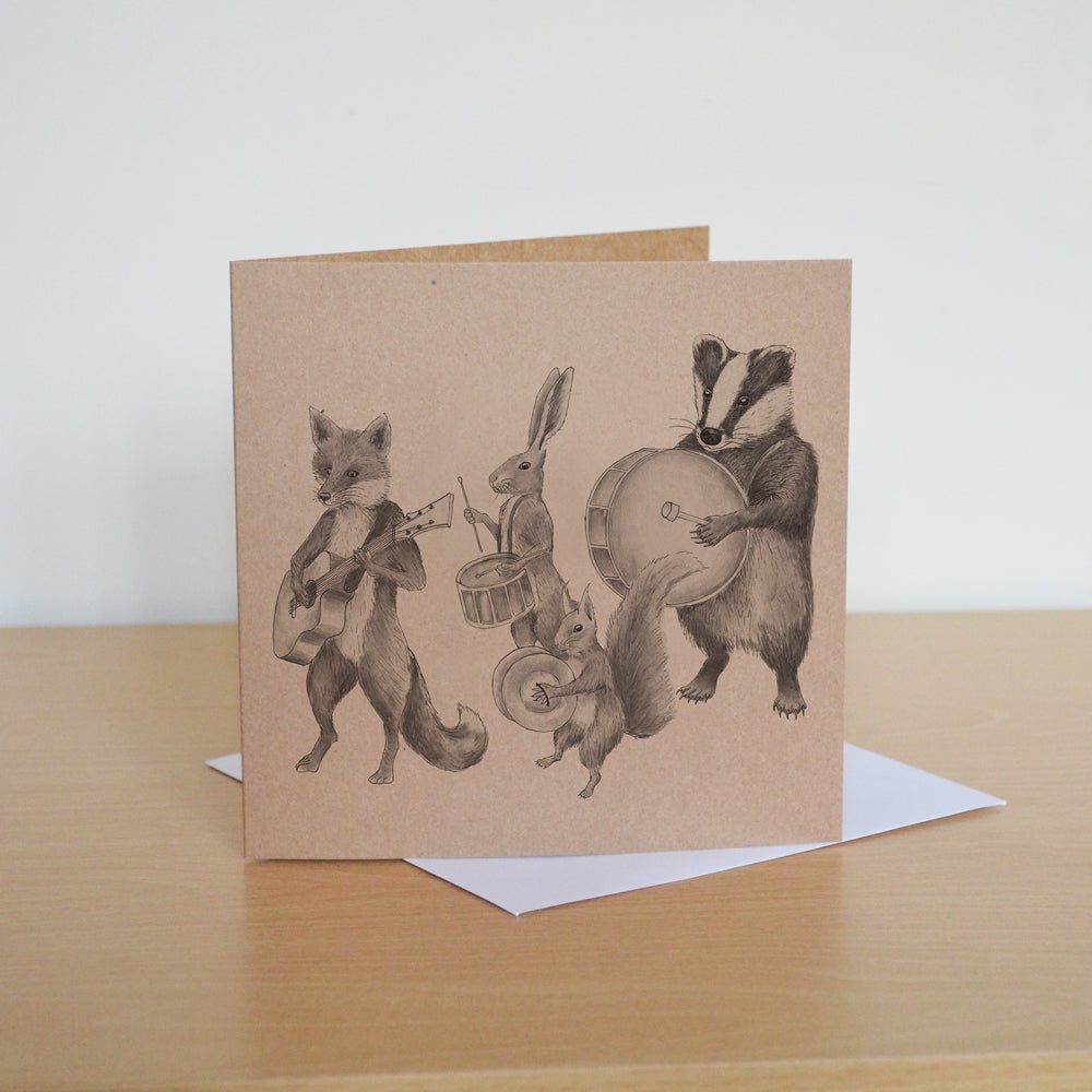 Marching animals greetings card. Musical band of mammals. Blank inside.