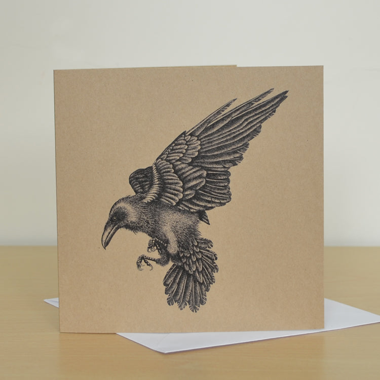 Raven greetings card. Recycled brown, blank inside.