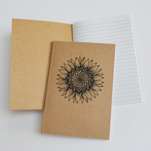 Recycled A6 notebook with Sunflower spiral art.