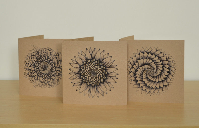 Set of 3 Recycled greetings cards illustrated with plants & flowers.